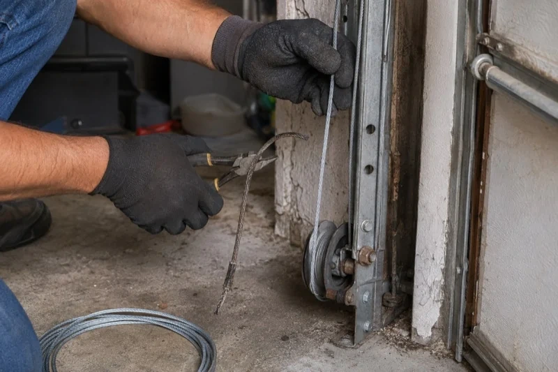 Gloved hands holding a bright cable and pliers gripping a frayed cable beside a garage-door track and pulley.