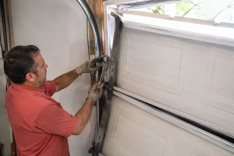 Person holding tools beside a roller and curved track on a tilted garage-door section