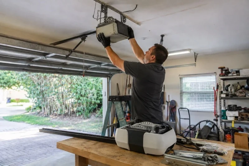 Person holding an overhead garage-door opener beside another opener and hardware on a workbench