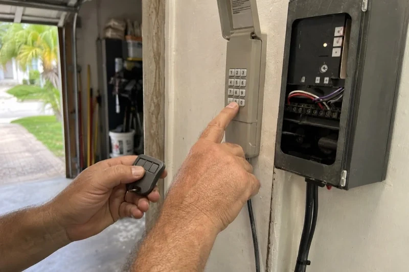 Hands holding a small remote and pressing a wall-mounted keypad beside an open control box with visible wiring.