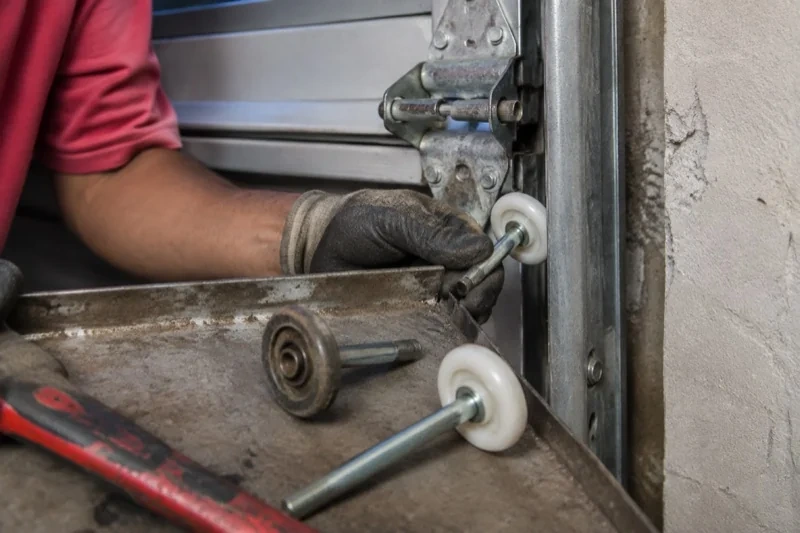 Gloved hand holding a white garage-door roller beside its track, with two loose rollers and a red tool on a tray.