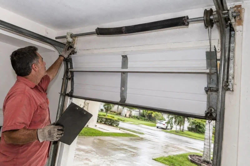 Person holding a clipboard and reaching toward the upper side bracket of a partly raised sectional garage door.