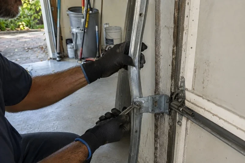 Gloved hands holding a vertical garage-door track and a wrench at its mounting bracket beside a door hinge.