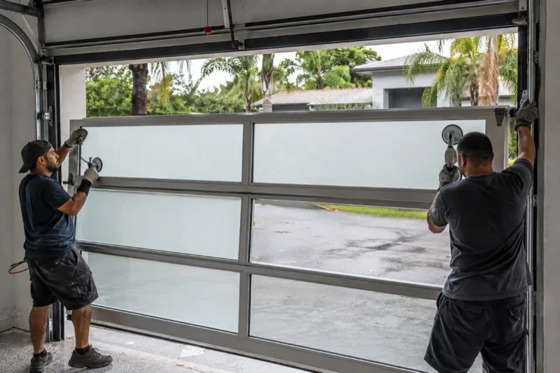 Two people holding suction handles against a glazed garage-door section