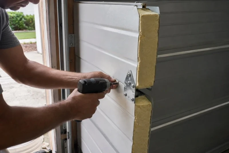 Person using a power driver at a hinge between white garage-door panels with exposed yellow inner material along their edges.