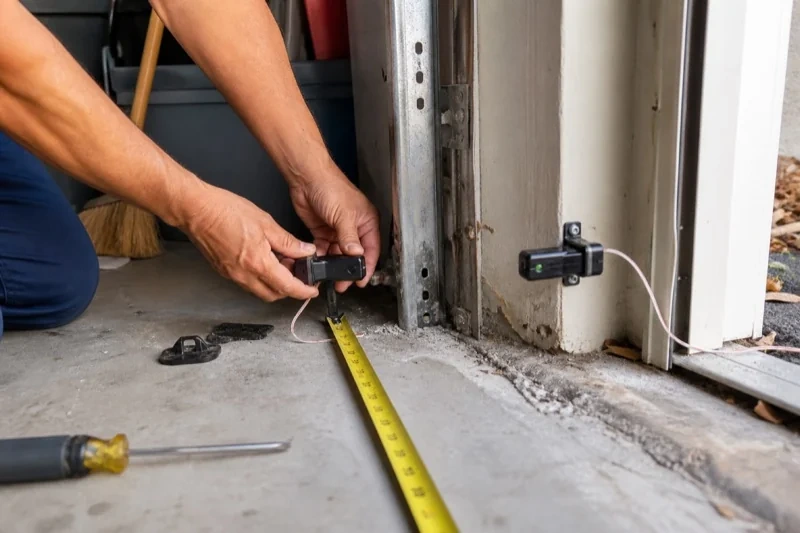 Hands holding a small wired device beside another mounted device and a tape measure at a garage-door opening